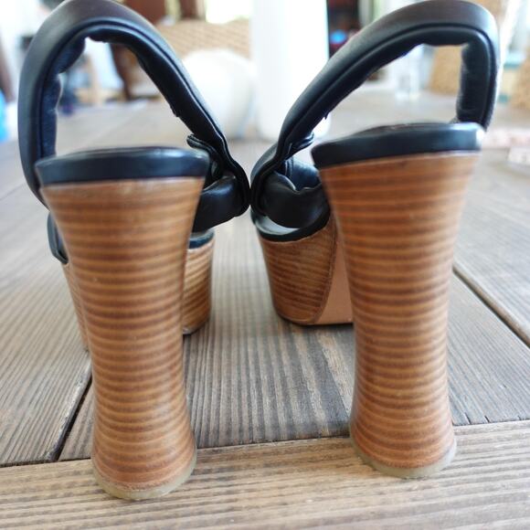 Chloe Platform Shoes 41 Black Tan Leather Wood Block High Heels Boho 70s Italy - Picture 3 of 10